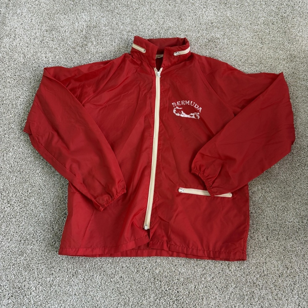 Vintage Surfer Jacket Mens Medium Red Nylon Windbreaker Bermuda Zip Hong Kong